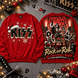 KISS Rock and Roll All Christmas Night All-Over Print T-Shirt for Holiday Music Fans NDN - Sweatshirt Black