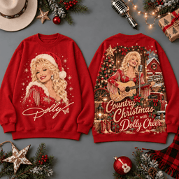 Dolly Parton Country Christmas Dolly Cheer All-Over Print T-Shirt for Holiday Music Fans NDN - Sweatshirt Red