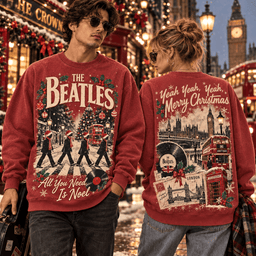 The Beatles Christmas Abbey Road London Big Ben Red Bus Guitar Vinyl All You Need Is Noel 3D Shirt NHH - Sweatshirt Brick Red