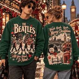 The Beatles Christmas Abbey Road London Big Ben Red Bus Guitar Vinyl All You Need Is Noel 3D Shirt NHH - Sweatshirt Forest Green