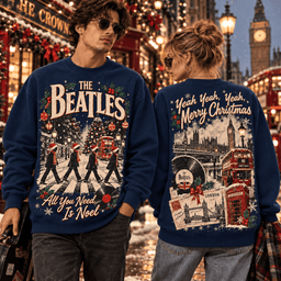 The Beatles Christmas Abbey Road London Big Ben Red Bus Guitar Vinyl All You Need Is Noel 3D Shirt NHH - Sweatshirt Midnight Navy