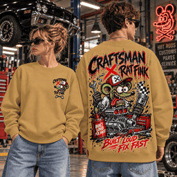 Craftsman Rat Fink Built Loud Fix Fast Hot Rod Mechanic Engine Spark Plugs Wrenches Tool Chest Garage 3D Shirt NHH - Sweatshirt Golden Tan
