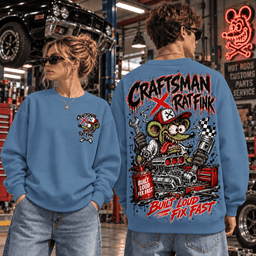 Craftsman Rat Fink Built Loud Fix Fast Hot Rod Mechanic Engine Spark Plugs Wrenches Tool Chest Garage 3D Shirt NHH - Sweatshirt Steel Blue