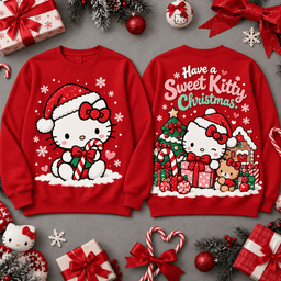 Hello Kitty Sweet Kitty Christmas Santa All-Over Print T-Shirt for Kawaii Fans NDN - Sweatshirt Red