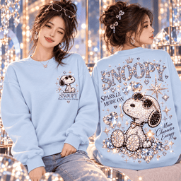 Snoopy Swarovski Crystal Rhinestone Sparkle Mode On Main Character Energy Luxury Diamond Heart Crown Glam Aesthetic 3D Shirt NHH - Sweatshirt Light Blue