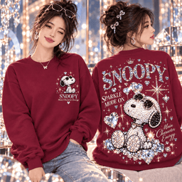 Snoopy Swarovski Crystal Rhinestone Sparkle Mode On Main Character Energy Luxury Diamond Heart Crown Glam Aesthetic 3D Shirt NHH - Sweatshirt Burgundy
