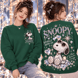 Snoopy Swarovski Crystal Rhinestone Sparkle Mode On Main Character Energy Luxury Diamond Heart Crown Glam Aesthetic 3D Shirt NHH - Sweatshirt Forest Green