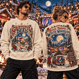 Grateful Dead Christmas Dancing Bear Santa Hat Roses Camper Van Snowy Mountains Winter Wonderland 3D Shirt NHH - Sweatshirt Vintage Cream