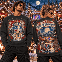 Grateful Dead Christmas Dancing Bear Santa Hat Roses Camper Van Snowy Mountains Winter Wonderland 3D Shirt NHH - Sweatshirt Charcoal