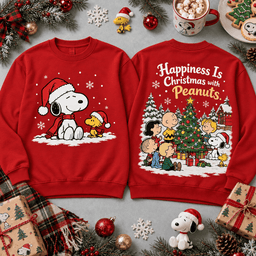 Peanuts Snoopy Happiness Is Christmas Tree All-Over Print T-Shirt for Comic Fans NDN - Sweatshirt Navy