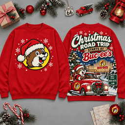 Buc-ee's Christmas Road Trip Route 66 Scene All Over Print T-Shirt For Festive Holiday Road Trips NDN - Sweatshirt Red