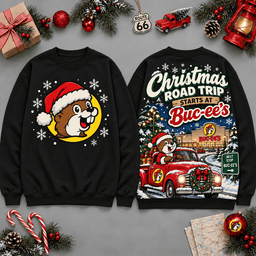 Buc-ee's Christmas Road Trip Route 66 Scene All Over Print T-Shirt For Festive Holiday Road Trips NDN - Sweatshirt Black