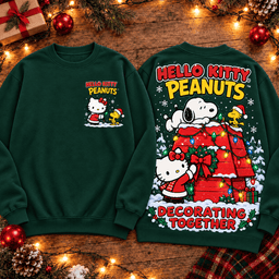 Hello Kitty Peanuts Decorating Together Christmas Premium T-Shirt for Cozy Holiday Celebrations TD - Sweatshirt Black