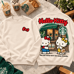 Hello Kitty Starbucks Coffee Date Premium T-Shirt for Fans Who Love Café Catchups TD - Sweatshirt Ivory