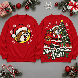 Buc-ee's Merry Christmas Y'all Santa Train Scene All Over Print T-Shirt For Festive Holiday Road Trips NDN - Sweatshirt Red