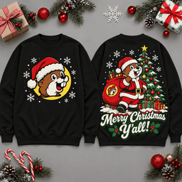 Buc-ee's Merry Christmas Y'all Santa Train Scene All Over Print T-Shirt For Festive Holiday Road Trips NDN - Sweatshirt Black