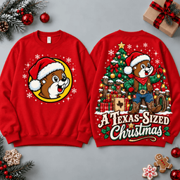 Buc-ee's Texas Sized Christmas Tree And Gifts All Over Print T-Shirt For Festive Holiday Road Trips NDN - Sweatshirt Red