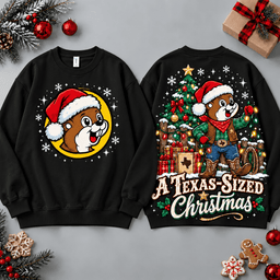 Buc-ee's Texas Sized Christmas Tree And Gifts All Over Print T-Shirt For Festive Holiday Road Trips NDN - Sweatshirt Black