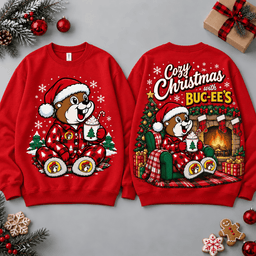 Buc-ee's Cozy Christmas Fireplace Scene All Over Print T-Shirt For Festive Holiday Road Trips NDN - Sweatshirt Red