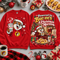 Buc-ee's Powered By Christmas Morning Breakfast Design All Over Print T-Shirt For Festive Holiday Road Trips NDN - Sweatshirt Red