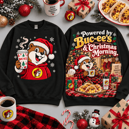 Buc-ee's Powered By Christmas Morning Breakfast Design All Over Print T-Shirt For Festive Holiday Road Trips NDN - Sweatshirt Black