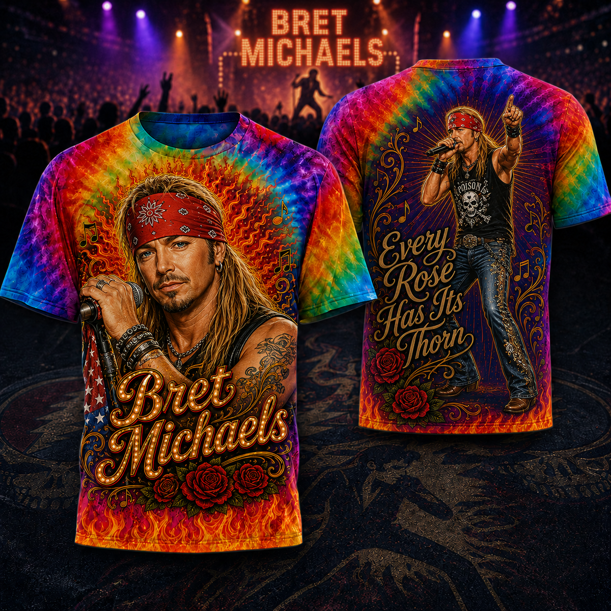 Bret Michaels Rainbow Flame 3D Shirt for Rock Legends Fans