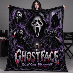 Ghostface Purple Mask And Spiderweb Fleece Blanket For Fans Of Calls After Midnight NDN Person Holding Blanket