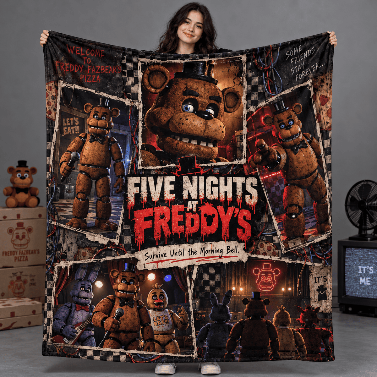 Five Nights At Freddy's Animatronic Collage Fleece Blanket For Fans Surviving The Night NDN Person Holding Blanket