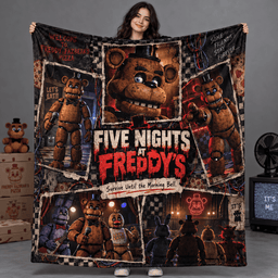 Five Nights At Freddy's Animatronic Collage Fleece Blanket For Fans Surviving The Night NDN Person Holding Blanket