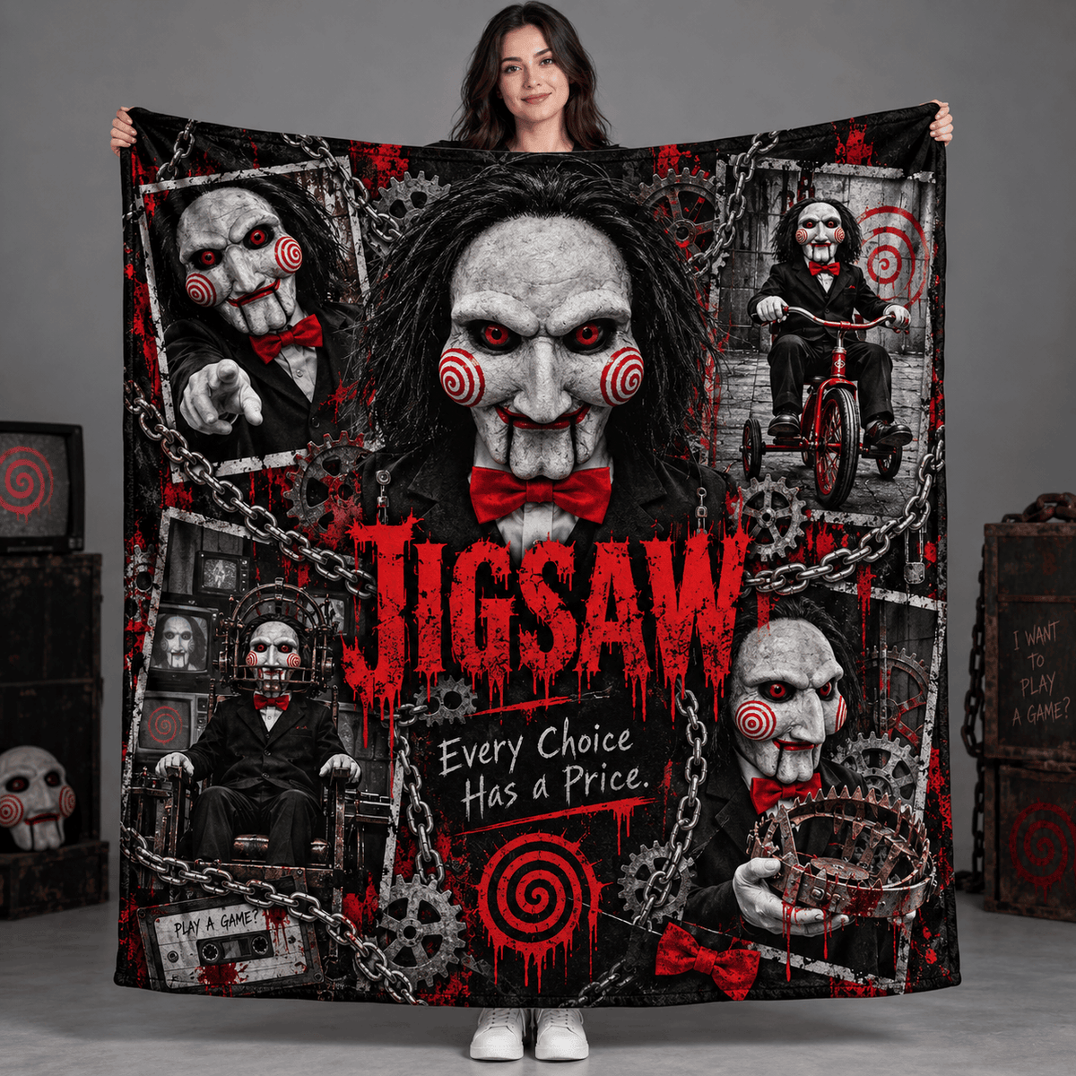 Jigsaw Puppet Portrait And Red Spiral Fleece Blanket For Fans Of Deadly Choices NDN Person Holding Blanket