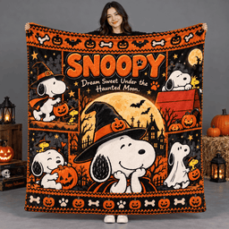 Snoopy Witch Hat And Orange Pumpkins Fleece Blanket For Cozy Halloween Movie Nights NDN Person Holding Blanket