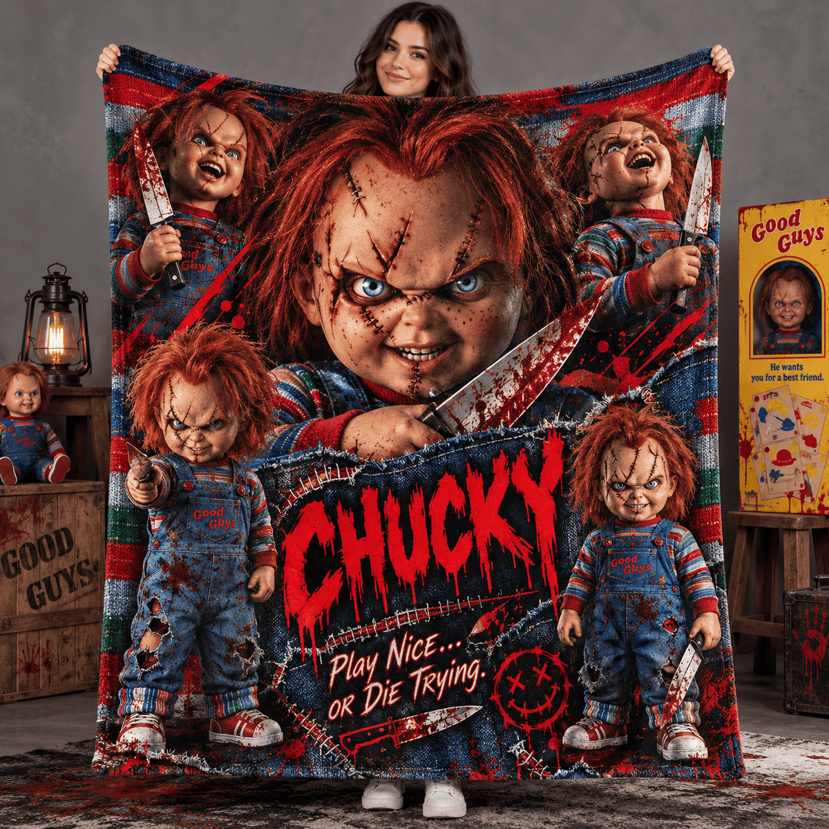 Chucky Scarred Doll And Diagonal Knife Fleece Blanket For A Frightful Movie Marathon NDN Person Holding Blanket