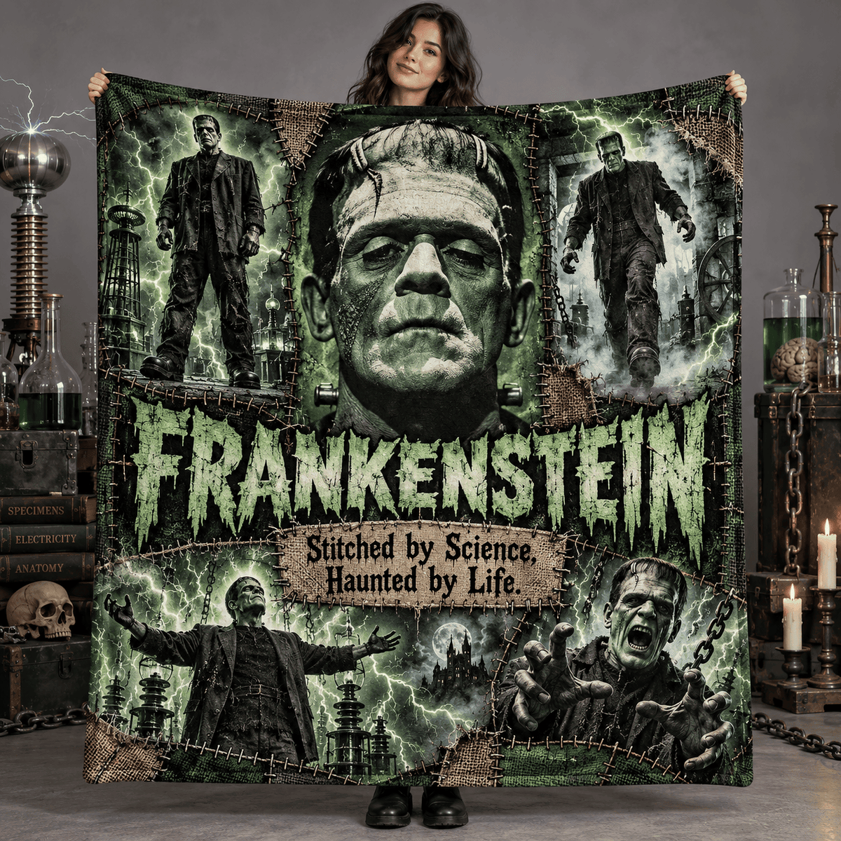 Frankenstein Green Monster Portrait And Lightning Fleece Blanket For Fans Of Classic Horror Nights NDN Person Holding Blanket