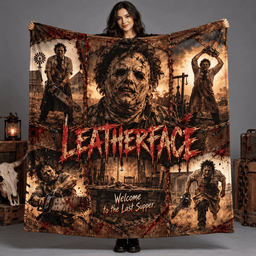 Leatherface Sepia Portrait And Chainsaw Figures Fleece Blanket For Fans Of Backwoods Horror Nights NDN Person Holding Blanket