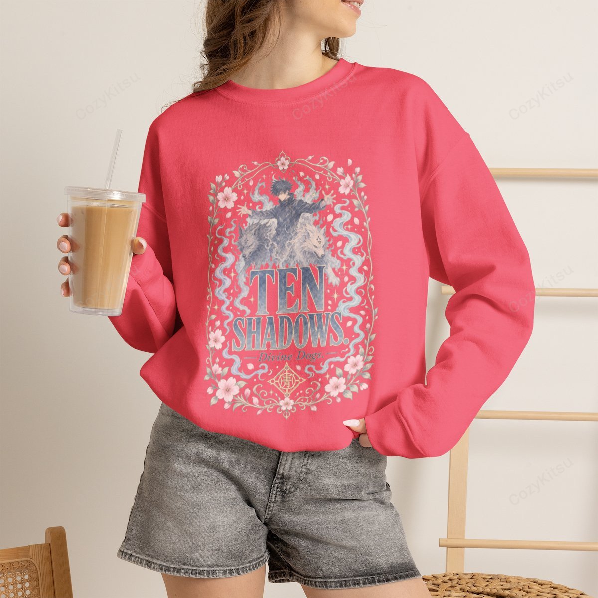 Close-up of Megumi Fushiguro Ten Shadows graphic on JJK anime crewneck sweatshirt, cherry blossom shikigami botanical art