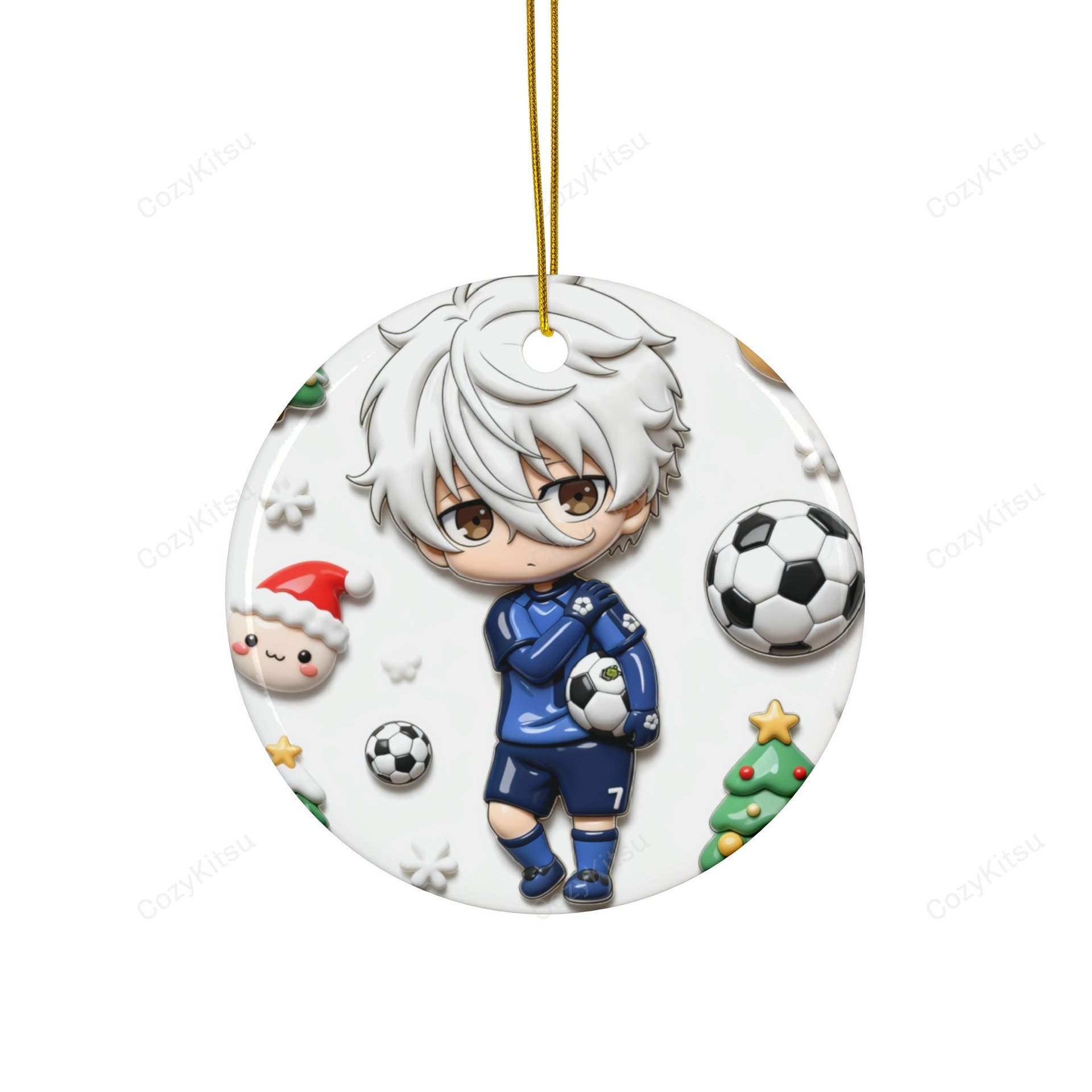 Blue Lock chibi Nagi Seishiro Christmas ornament showing number 7 blue kit and white hair in 3D resin style on ceramic disc