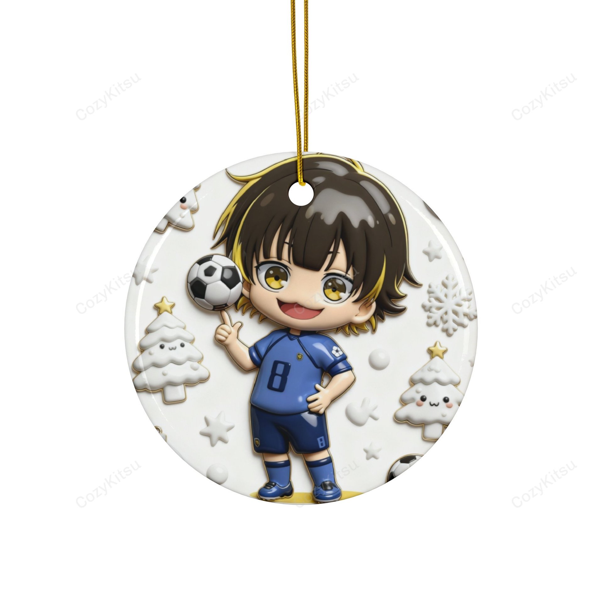 Blue Lock chibi Bachira Meguru Christmas ornament showing number 8 kit spinning football in 3D resin style on ceramic disc