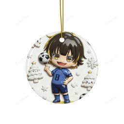 Blue Lock chibi Bachira Meguru Christmas ornament showing number 8 kit spinning football in 3D resin style on ceramic disc