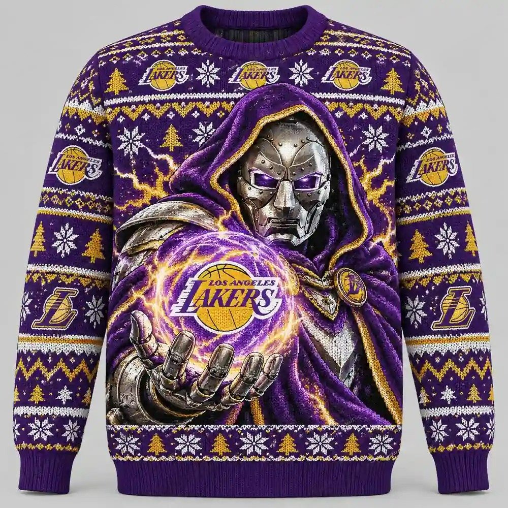 Los Angeles Lakers Merch Doctor Doom Ugly Christmas Sweater NBA Xmas Party Outfits Ideas