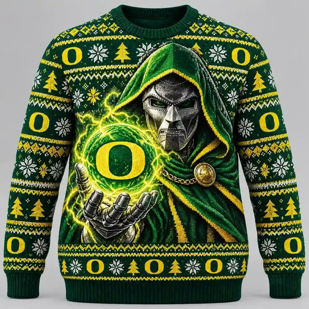 Oregon Ducks Merch X Doomsday Doctor Doom Ugly Christmas Sweater Festive Clothing Xmas Attire