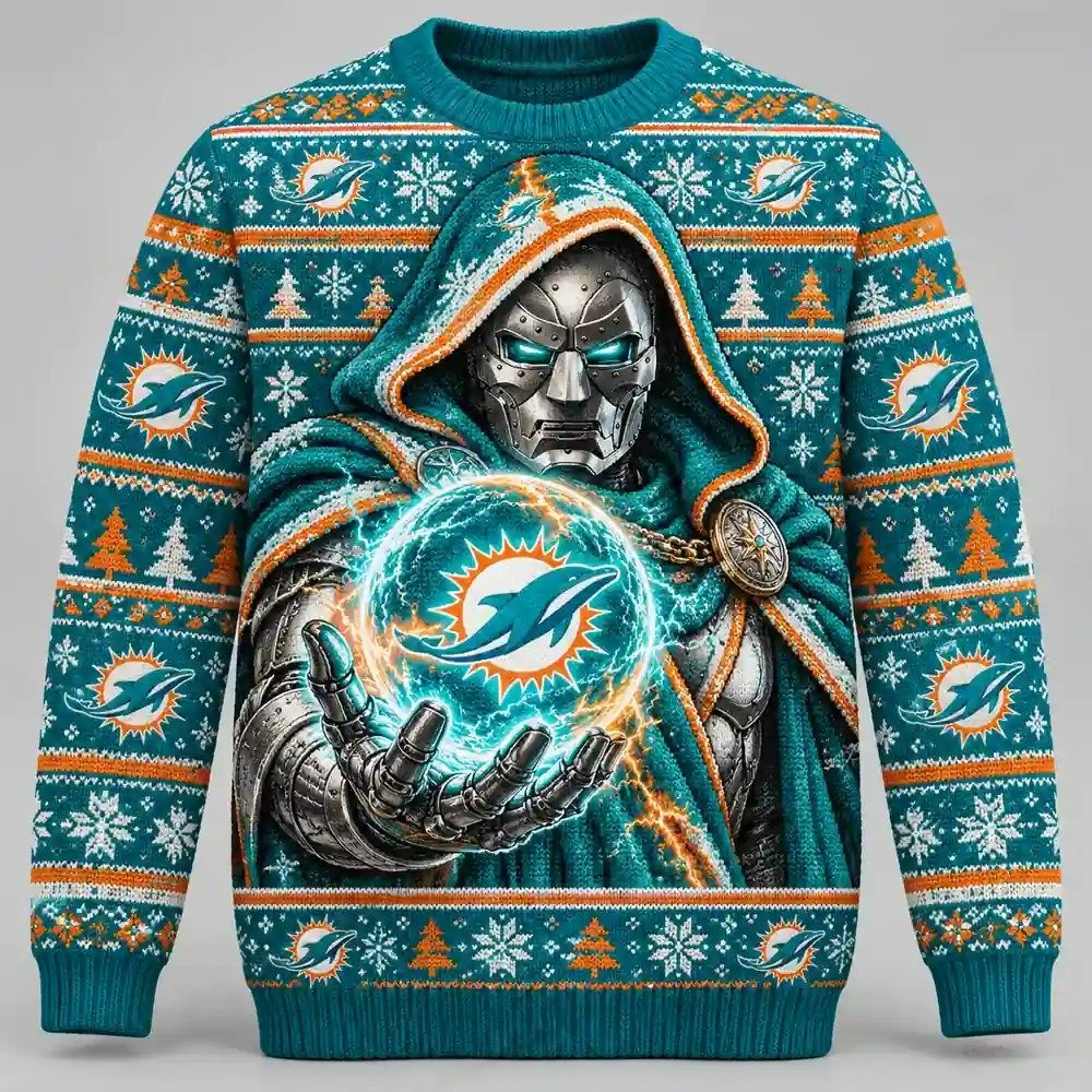 Miami Dolphins Merch X Doomsday Doctor Doom Ugly Christmas Sweater Winter Clothing Gifts