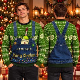 Jameson Irish Merry Christmas Denim Overalls Ugly Christmas Sweater Winter Apparel Xmas Attire