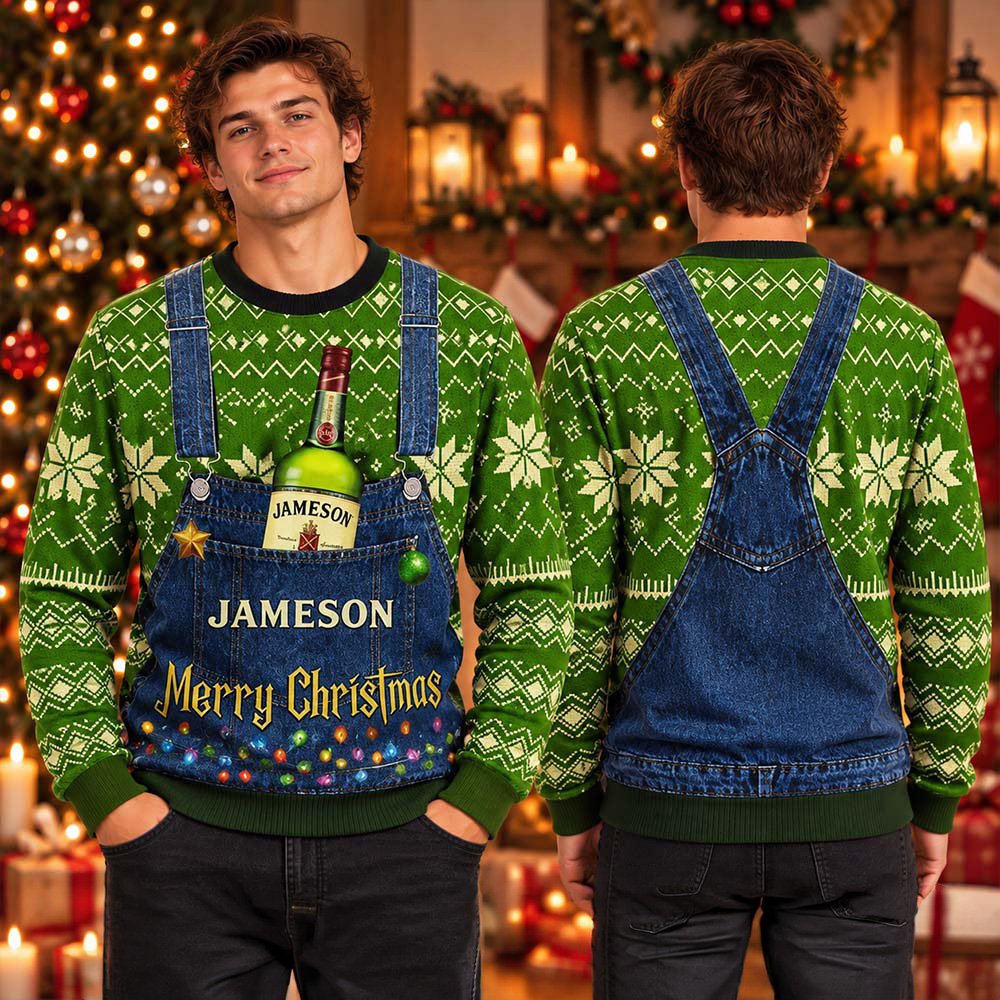 Jameson Irish Merry Christmas Denim Overalls Ugly Christmas Sweater Winter Apparel Xmas Attire
