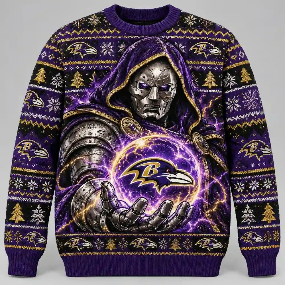 Baltimore Ravens Merch Doctor Doom Ugly Christmas Sweater Xmas Party Outfits Gifts