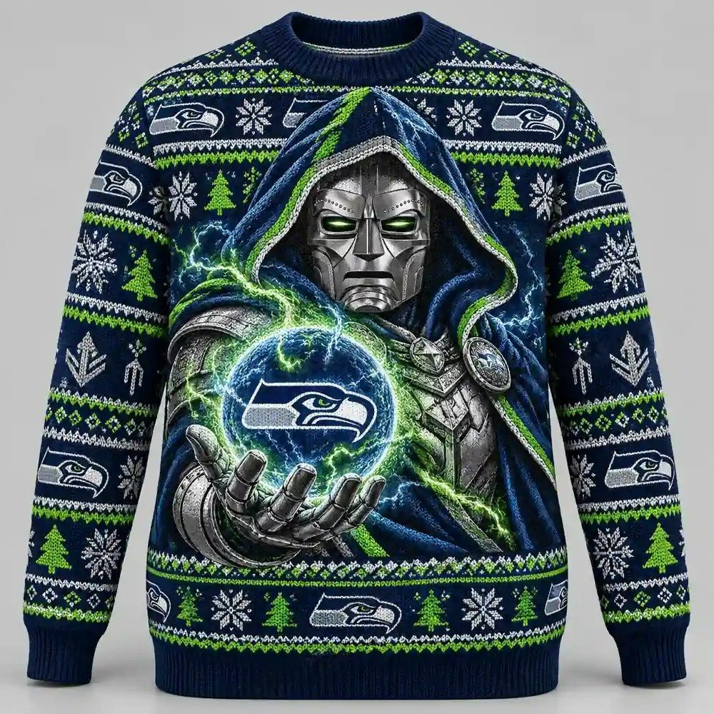 Seattle Seahawks Merch Doctor Doom Doomsday Ugly Christmas Sweater The 12s Xmas Outfits