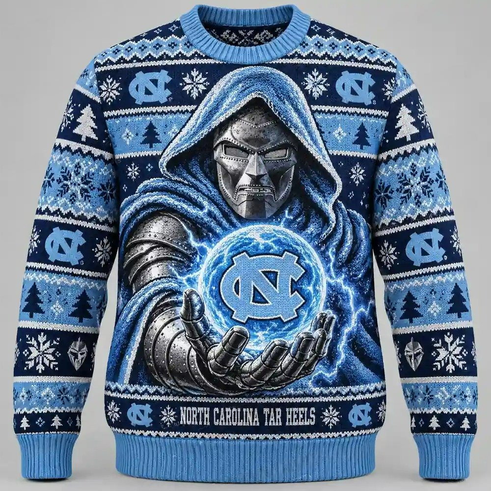 North Carolina Tar Heels Merch X Doomsday Doctor Doom Ugly Christmas Sweater Marvel Xmas Attire