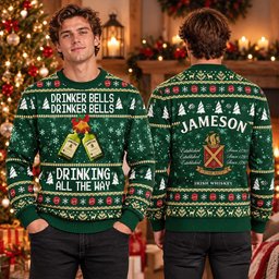 Jameson Drinker Bells Drinking All The Way Ugly Christmas Sweater Xmas Party Clothes Gifts