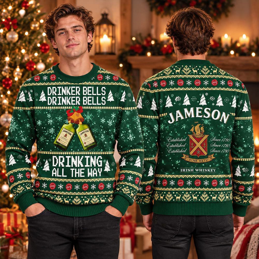 Jameson Drinker Bells Drinking All The Way Ugly Christmas Sweater Xmas Party Clothes Gifts