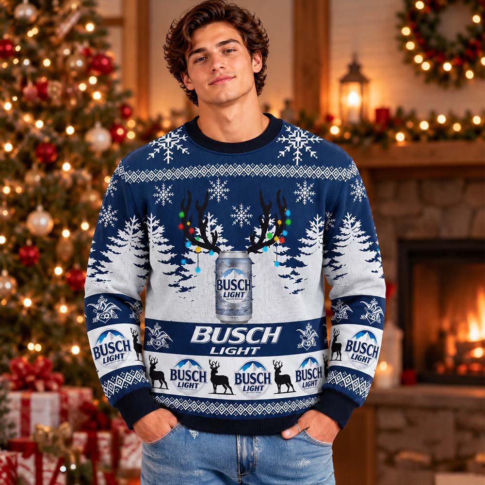 Busch Light Beer Cans With Reindeer Horn Pine Tree Ugly Christmas Sweater Xmas Outfit Ideas
