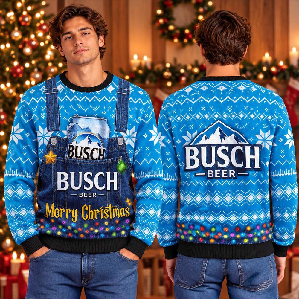 Busch Beer Merry Christmas Rural Overalls Ugly Christmas Sweater Xmas Party Outfits Gifts